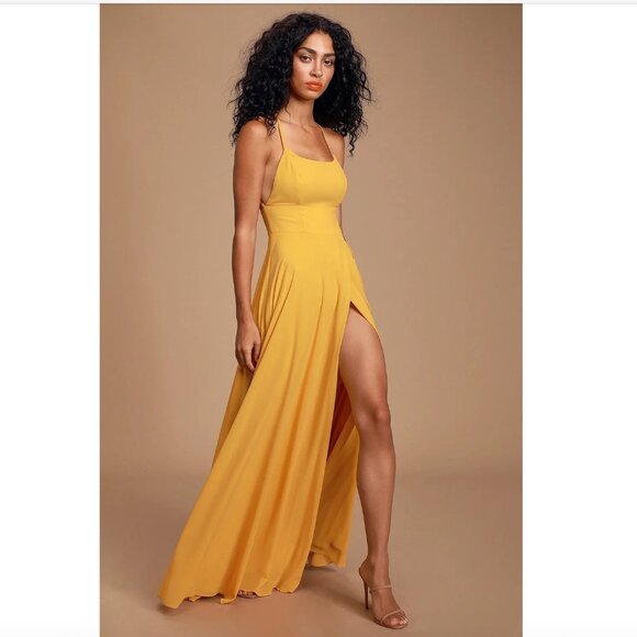New w/Tags - Lulu’s Dreamy Romance Backless Maxi Dress in Mustard, size XL - Picture 5 of 13